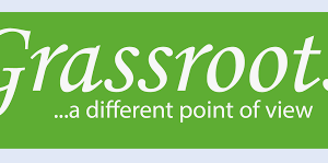 Grassroots logo in white script on a bright green banner with the slogan '...a different point of view'.