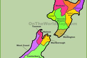 Color‑coded New Zealand map showing regional boundaries with labeled regions (Northland, Auckland, Waikato, Bay of Plenty, Gisborne, Hawke's Bay, Taranaki, Manawatu‑Wanganui, Wellington, Marlborough, Nelson, Canterbury, Otago, Southland, Tasman).