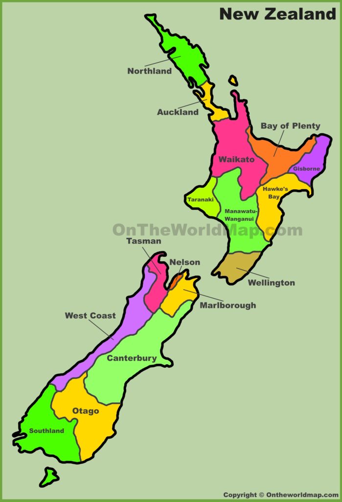 Color‑coded New Zealand map showing regional boundaries with labeled regions (Northland, Auckland, Waikato, Bay of Plenty, Gisborne, Hawke's Bay, Taranaki, Manawatu‑Wanganui, Wellington, Marlborough, Nelson, Canterbury, Otago, Southland, Tasman).