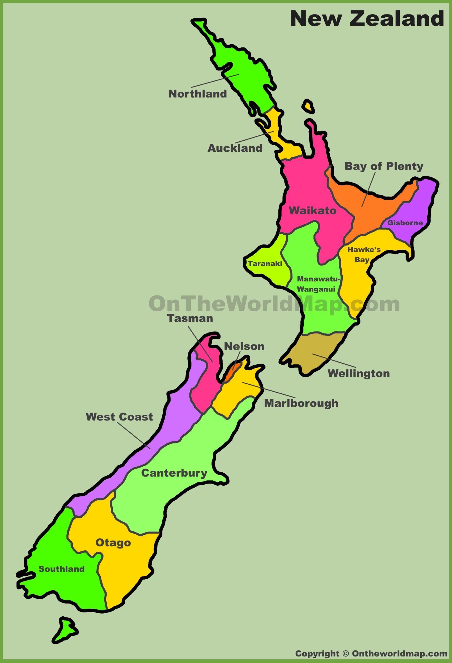 Color‑coded New Zealand map showing regional boundaries with labeled regions (Northland, Auckland, Waikato, Bay of Plenty, Gisborne, Hawke's Bay, Taranaki, Manawatu‑Wanganui, Wellington, Marlborough, Nelson, Canterbury, Otago, Southland, Tasman).